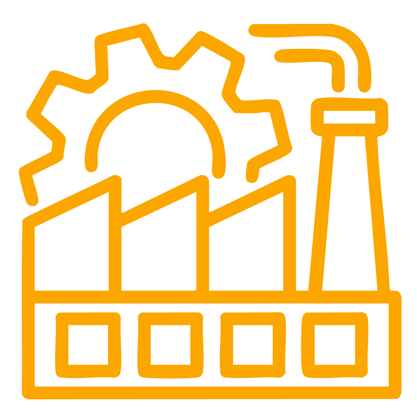 MMJ Electrical I Outline of a factory with a gear, sun, and smokestack in orange on black background.