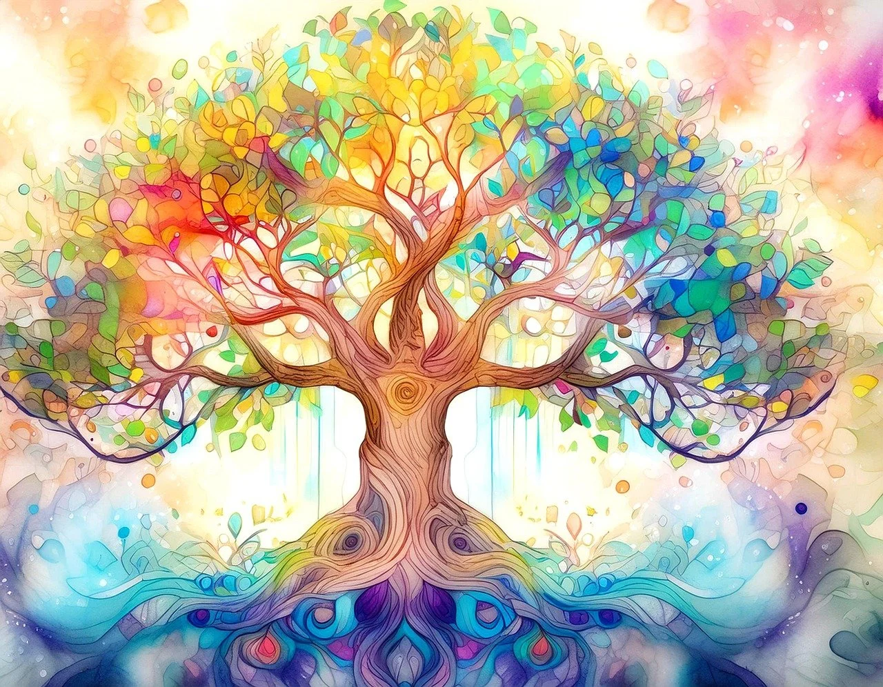 A colorful abstract digital painting of a tree with many branches and leaves, blending into a vibrant background with multiple colors.