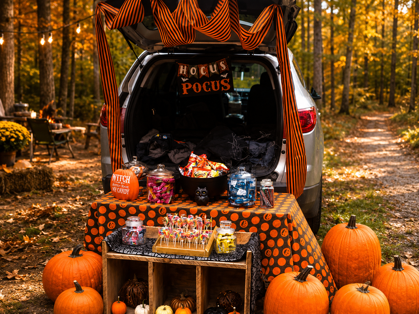 Halloween-decorated campsite competing in the Harvest Fest campsite decorating contest.