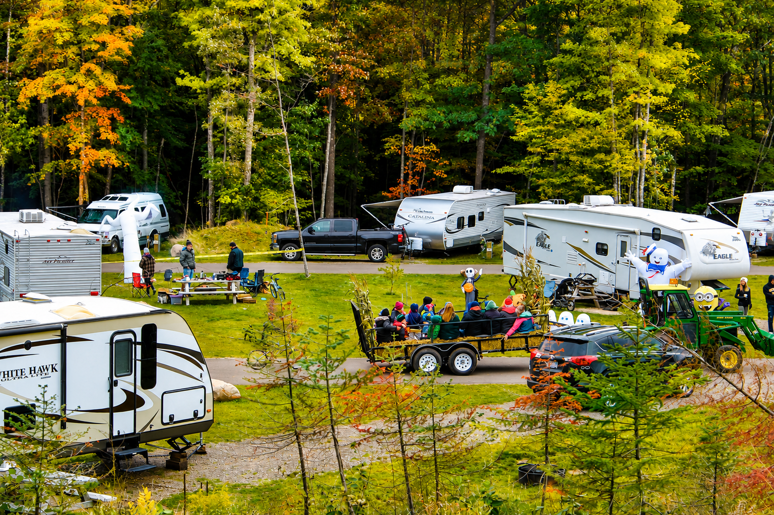 Beautiful autumn campground surrounded by colorful fall trees in Michigan's Upper Peninsula