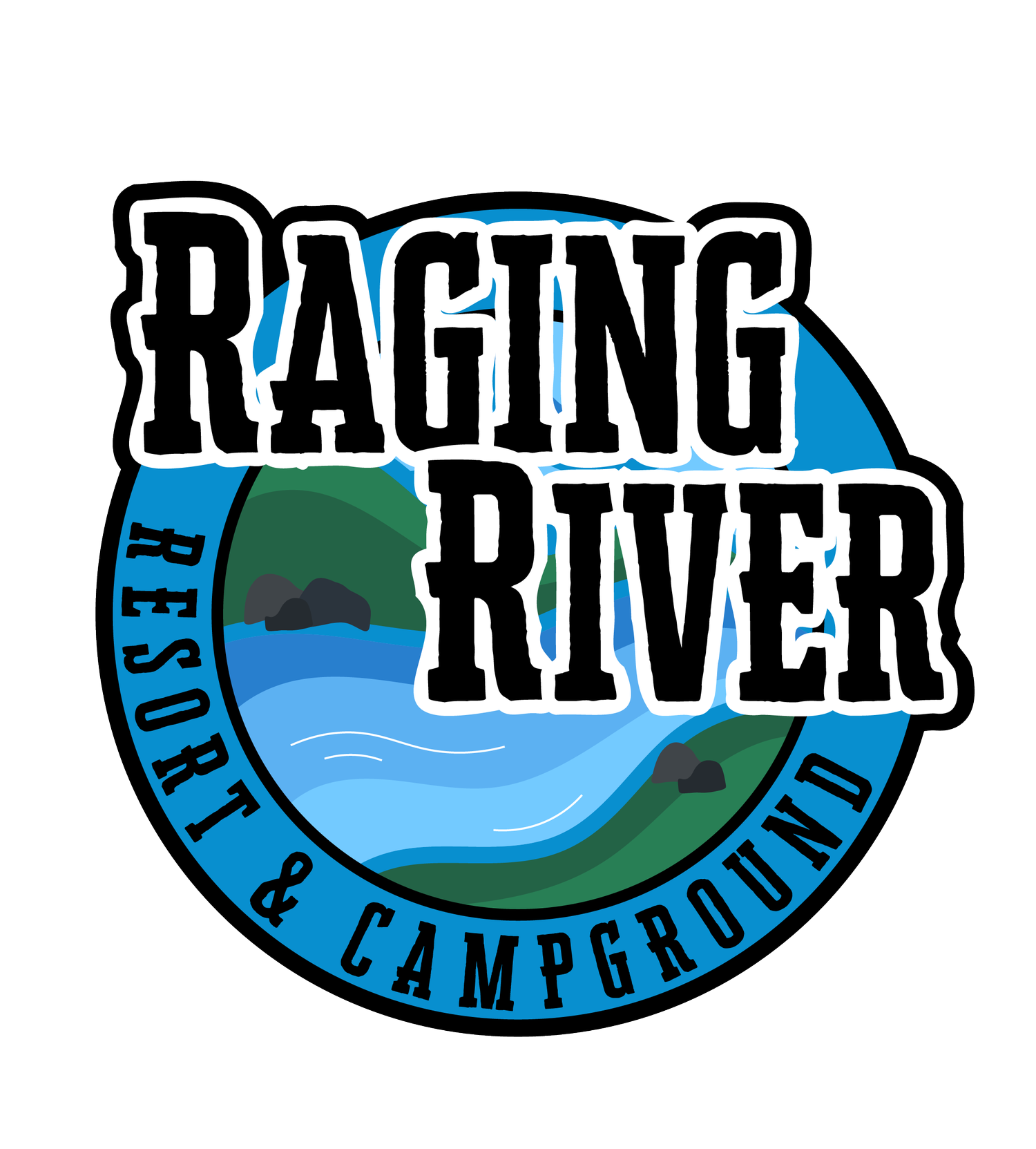 Logo for Racing River, featuring a circular design with a river, rocks, green hills, and a blue sky, and text indicating 'Resort & Campground'.