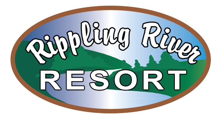 Logo for Rippling River Resort featuring stylized green hills, trees, and a river with the resort name in bold white and black text.