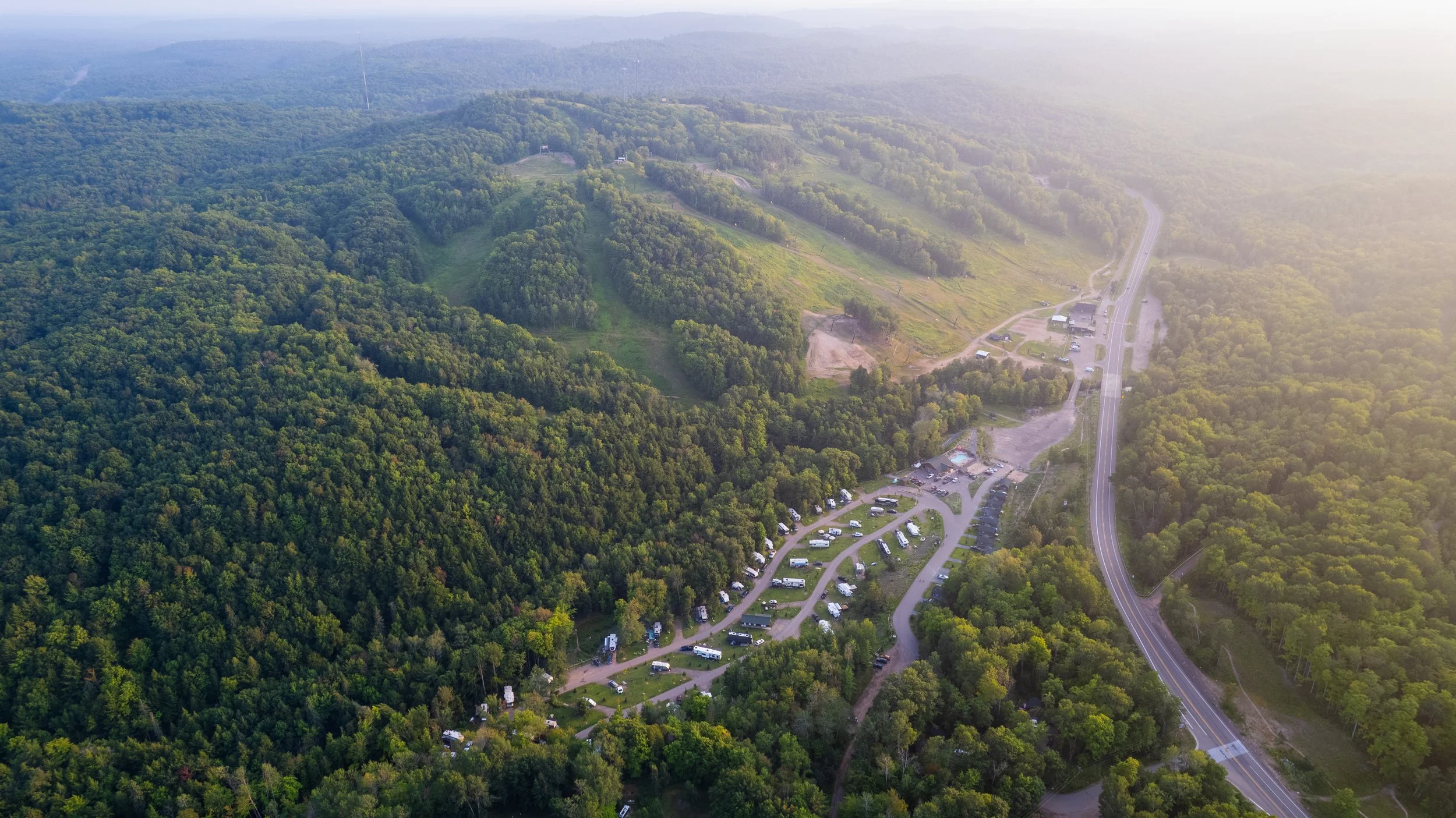 Drone View of Rippling River Resort in Marquette Michigan in the Summer