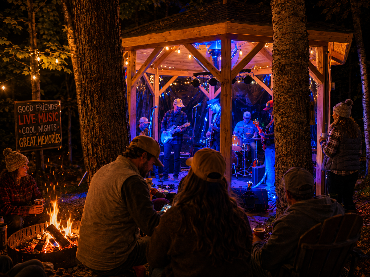 Guests enjoying live music around the outdoor stage during Harvest Fest Weekend.
