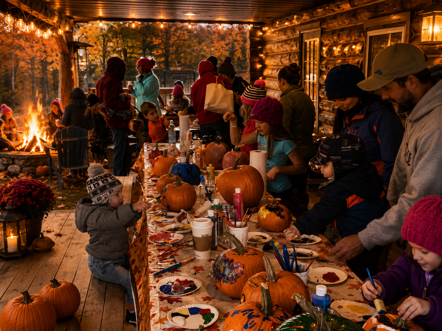 Children painting pumpkins during Harvest Fest family activities at the campground.