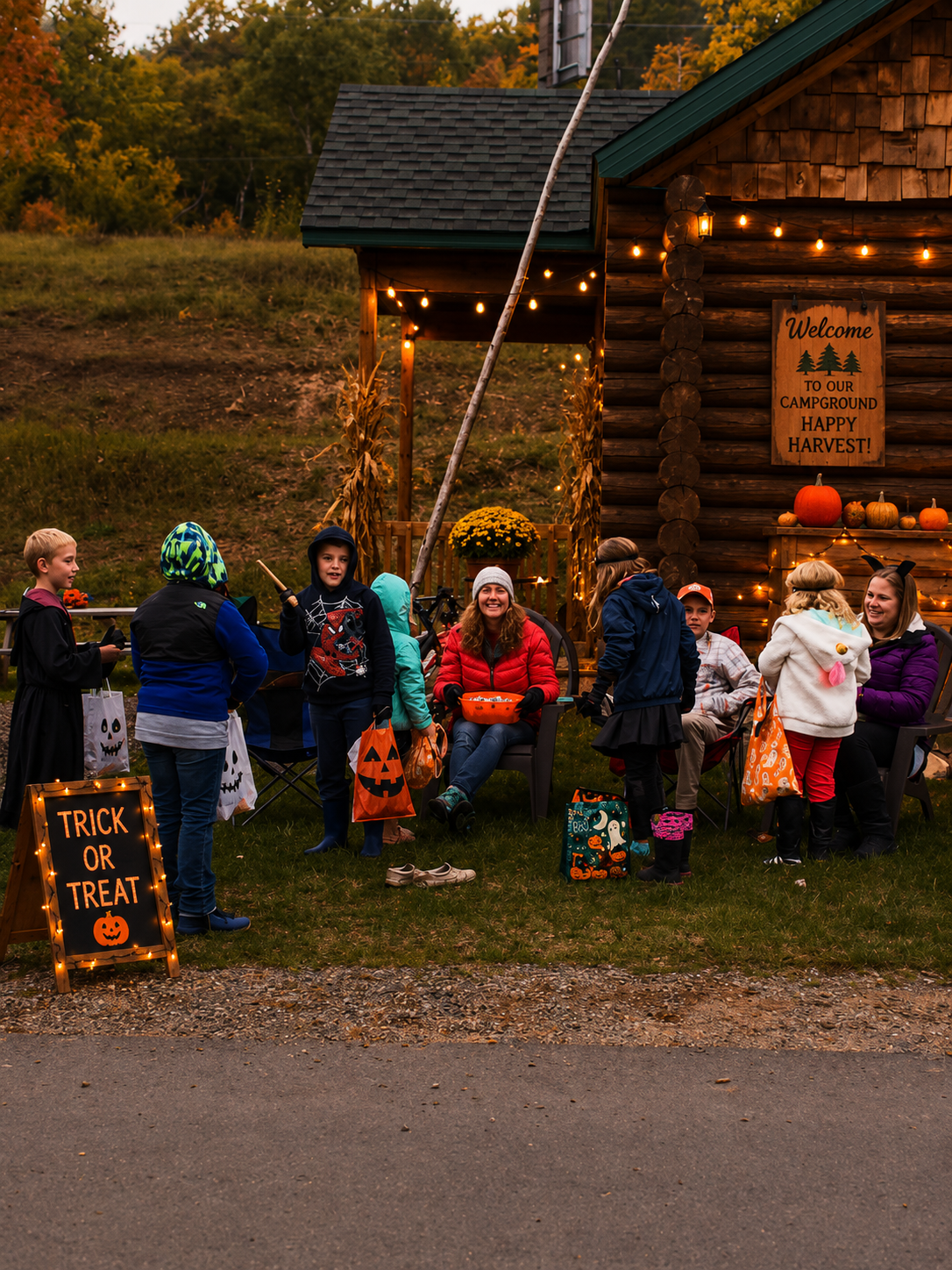 Children trick-or-treating through decorated campsites during Harvest Fest Weekend.