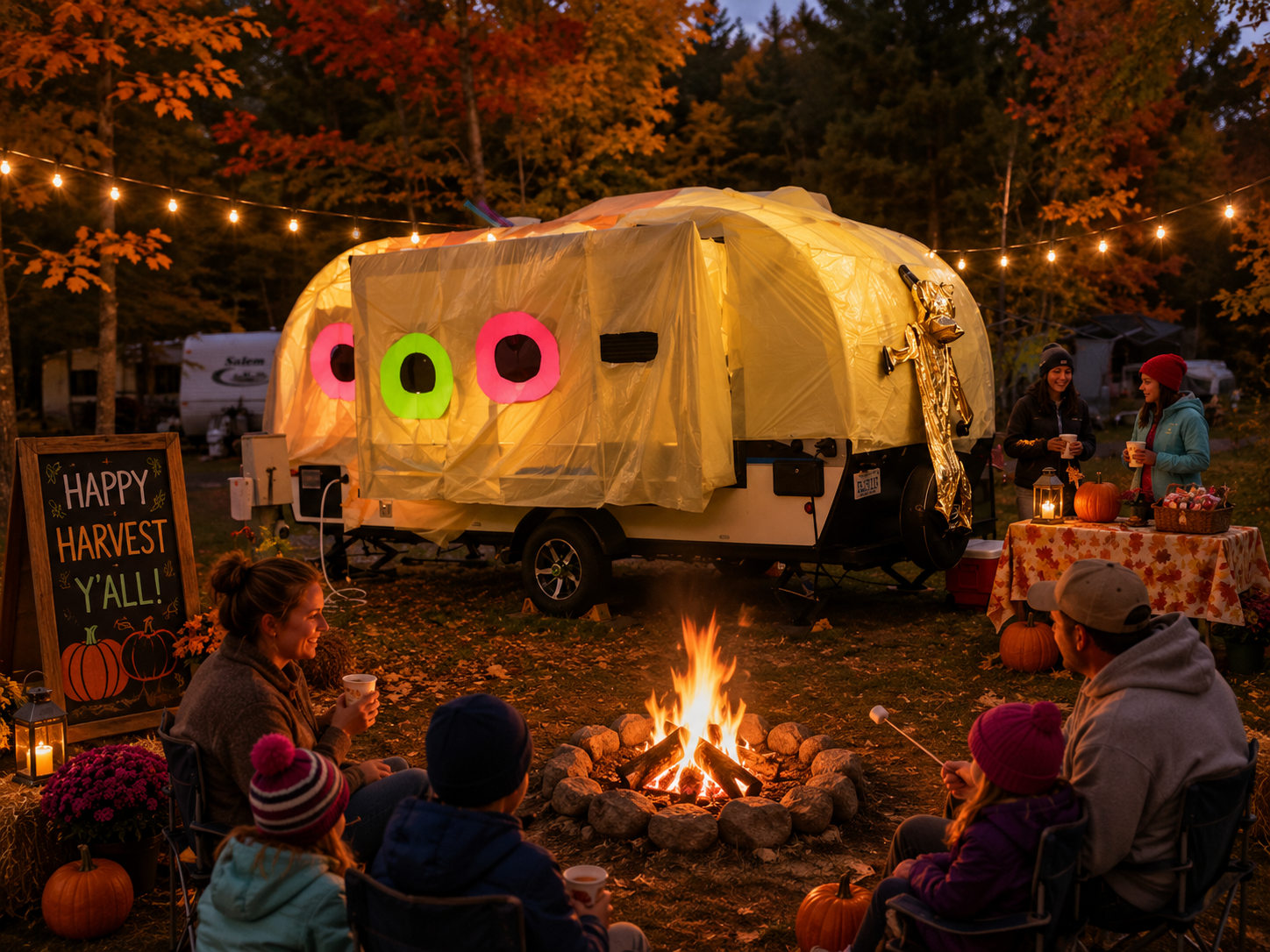 Campground decorated for Harvest Fest Weekend with colorful fall decorations and Halloween displays.