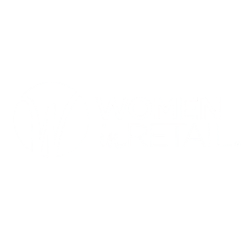 Logo with a stylized high-heeled shoe and the text "Women in Retail" in bold white letters on a black background.