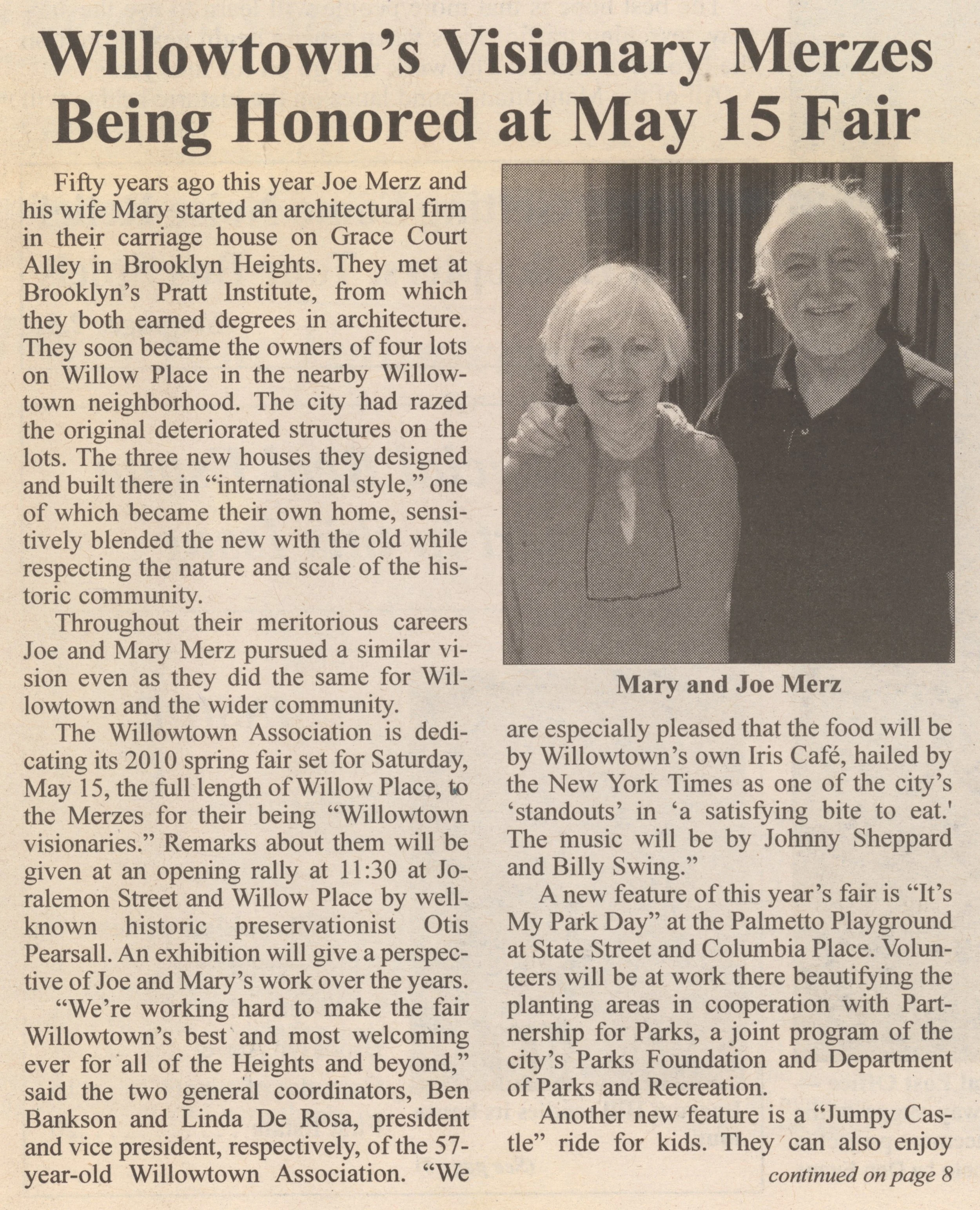 A newspaper article about Joe and Mary Merz being honored at the Willtown Fair, with a photo of Mary and Joe Merz smiling together.