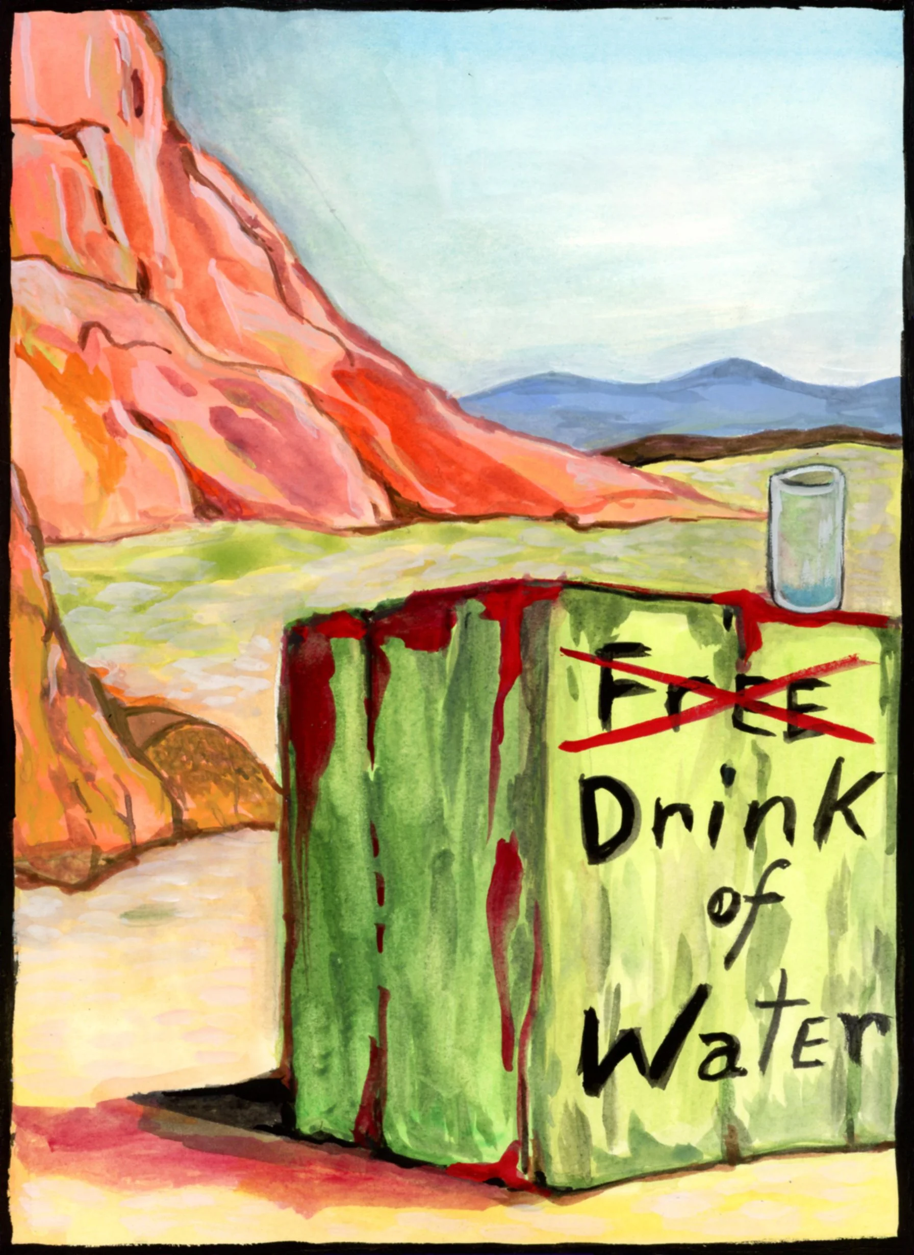 Drinking Water Ration Goes Into Effect In Early November, gouache on paper, 6 x 8in