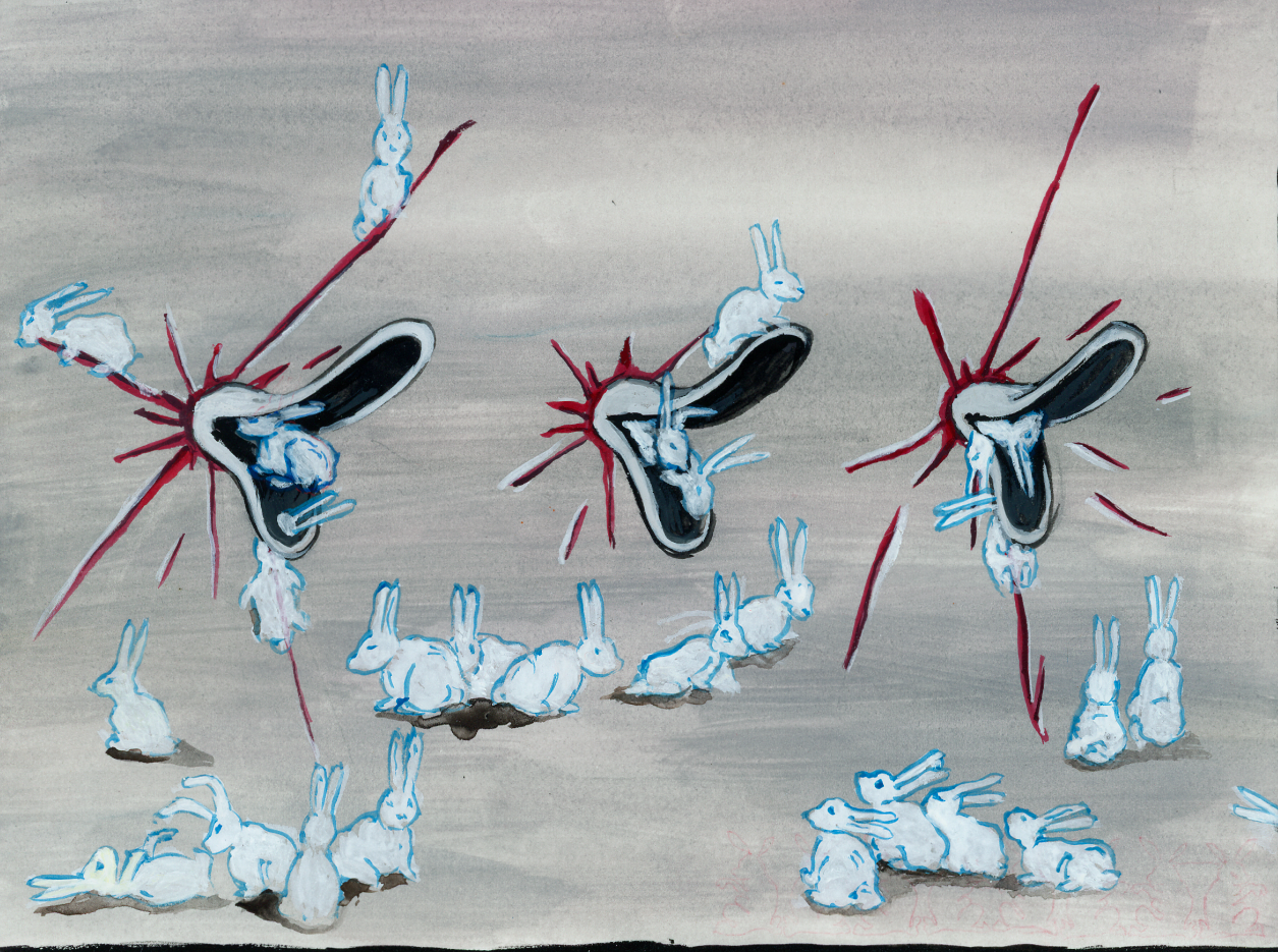 White Rabbit To Occupy Daffys Mouth After Bloody Conflict, gouache on paper, 6 x 8in