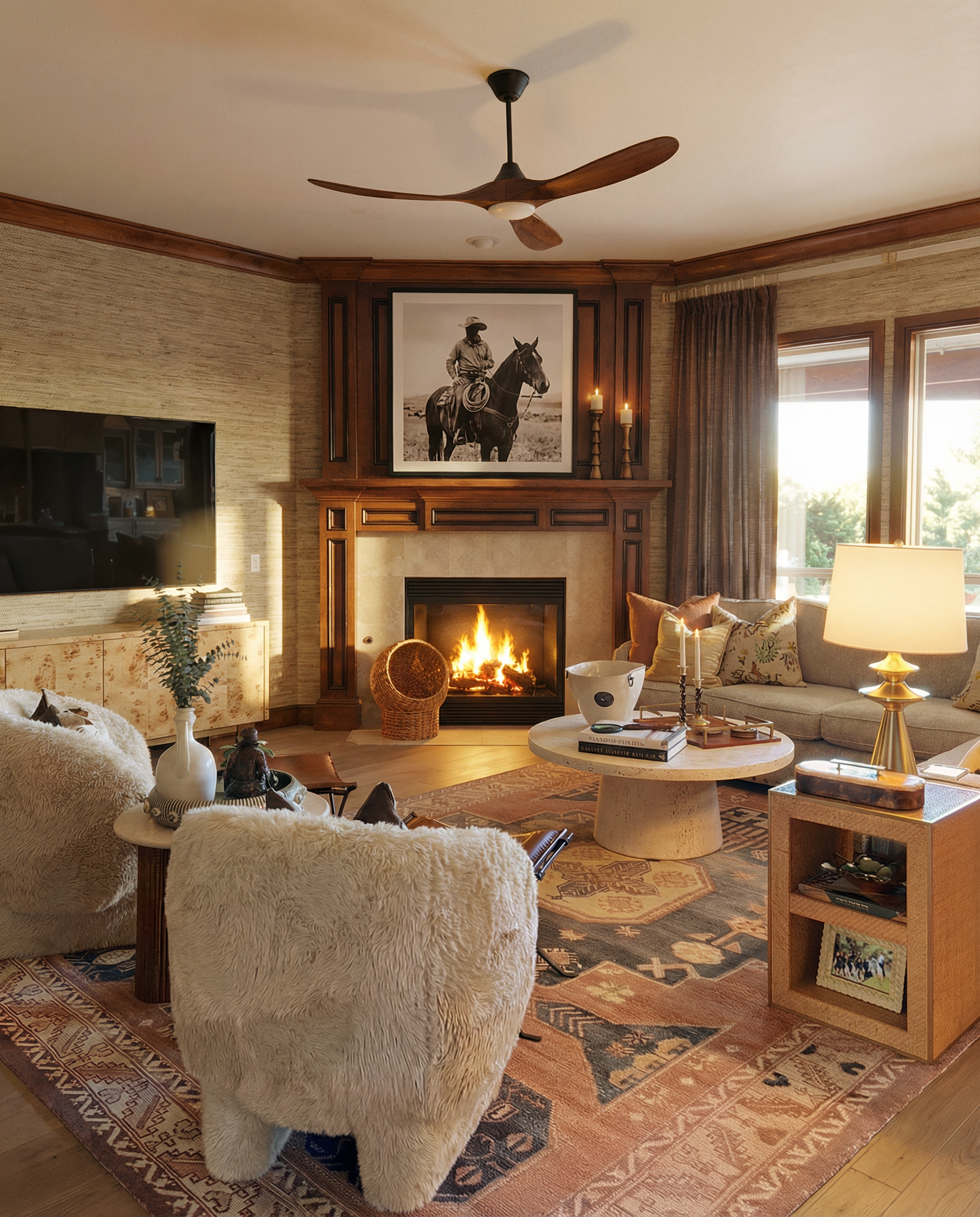 Living room with a fireplace, beige walls, a mounted TV, a large black and white photo of a cowboy on a horse, a ceiling fan, sunlight from windows, a cozy seating area with cushions, a round coffee table with books and candles, a lamp, and decorativ