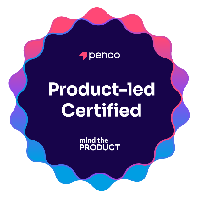 Badge with the Pendo logo, stating 'Product-led Certified' and 'mind the PRODUCT' on a colorful abstract background.