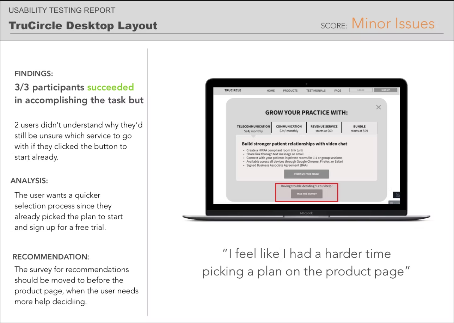Created initial usability testing report based on first 3 testing sessions