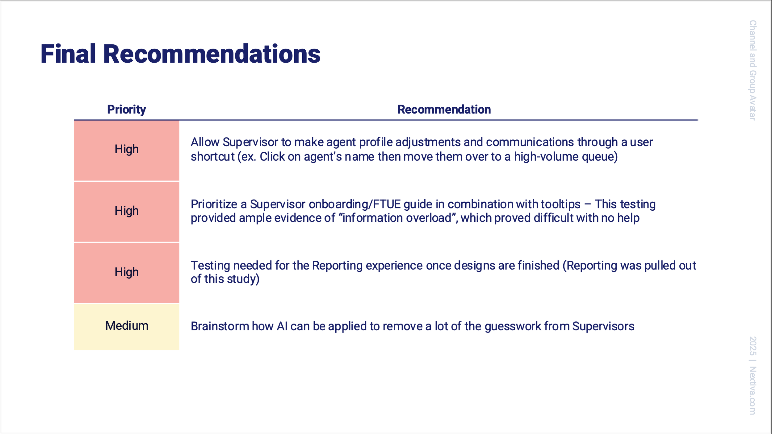 Final Recommendations, color-code by priority