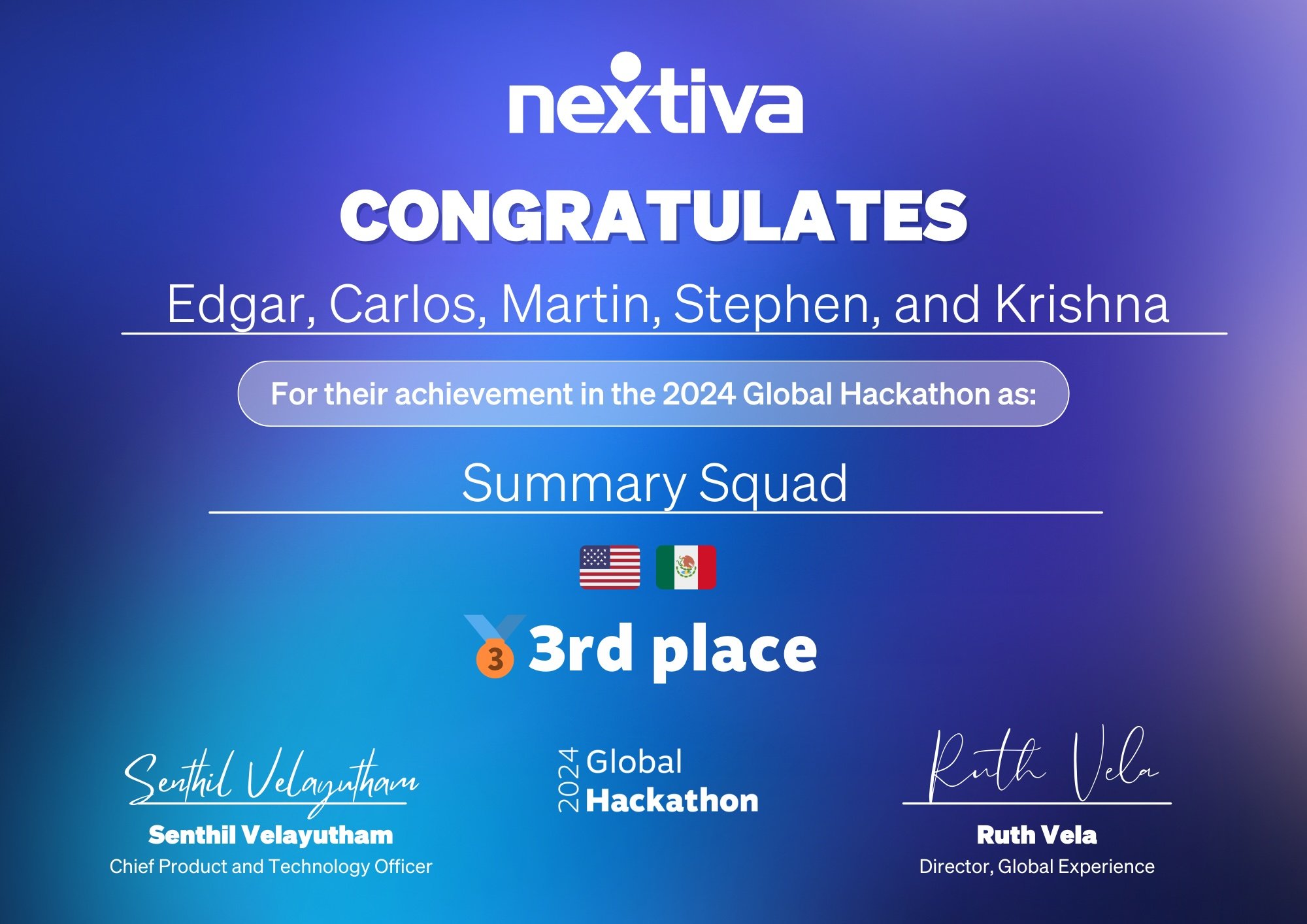 Certificate of achievement awarded to Edgar, Carlos, Martin, Stephen, and Krishna for their third place finish in the 2024 Global Hackathon, presented by Nextiva. The certificate includes the flags of the United States and Mexico, signatures of Senthil Velayutham and Ruth Vela, and the titles Chief Product and Technology Officer and Director of Global Experience.