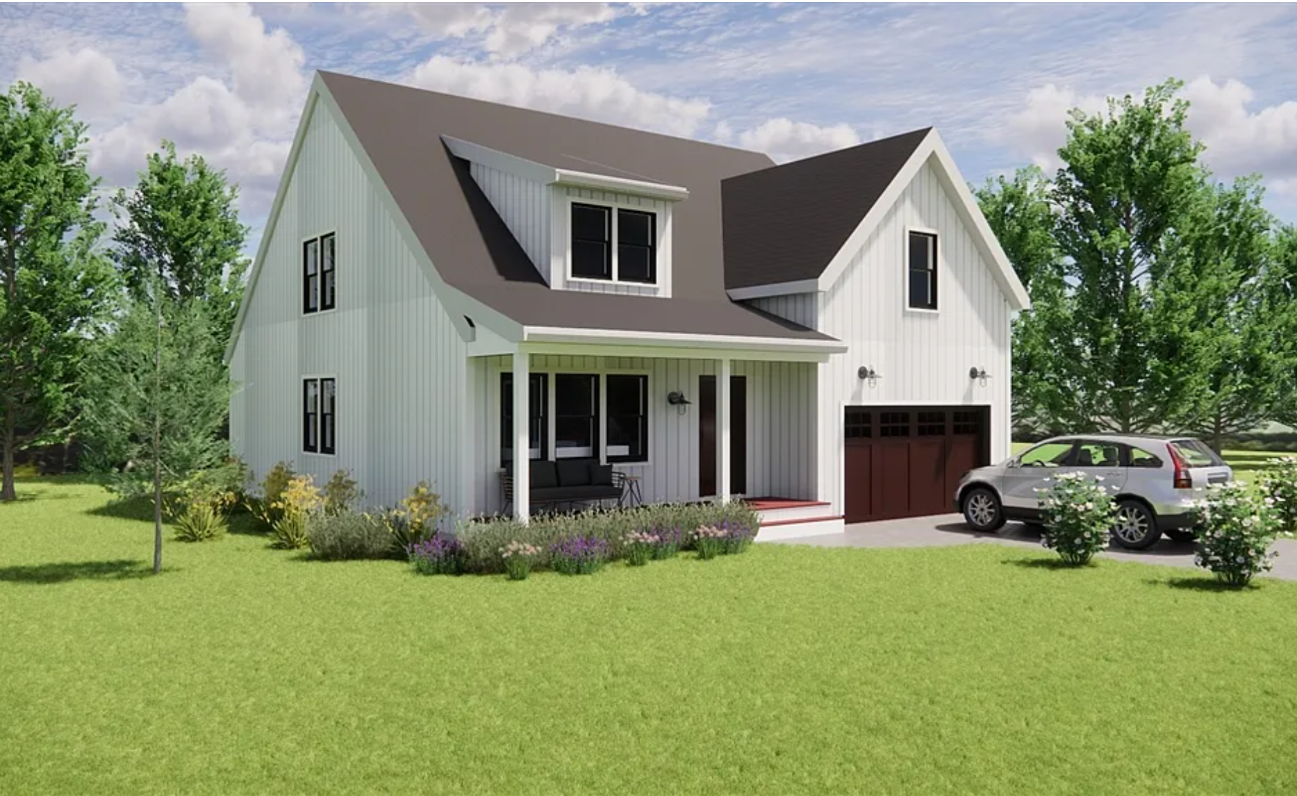 A two-story white house with black shutters, a covered front porch with black seating, a brown garage door, parked gray car, green lawn, trees, and bushes, under a partly cloudy sky.