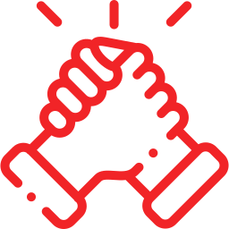 Two hands clasped in a handshake symbol, shown in red with motion lines indicating action or energy.
