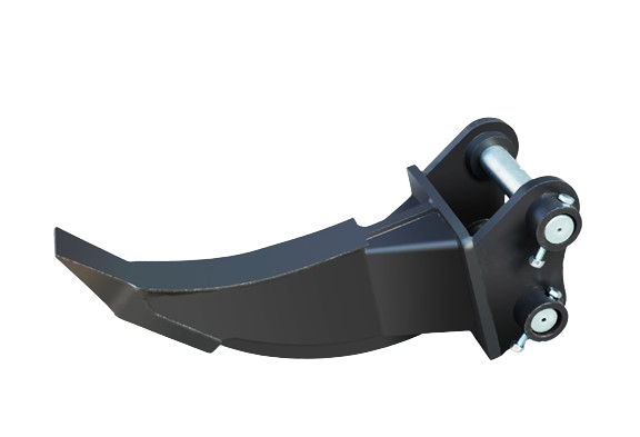 Close-up of a bucket attachment for a construction or industrial machine, showing the curved metal bucket and attachment hinges.