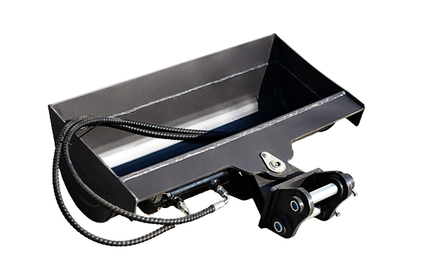 Black metal scoop with attached hydraulic arm and hoses