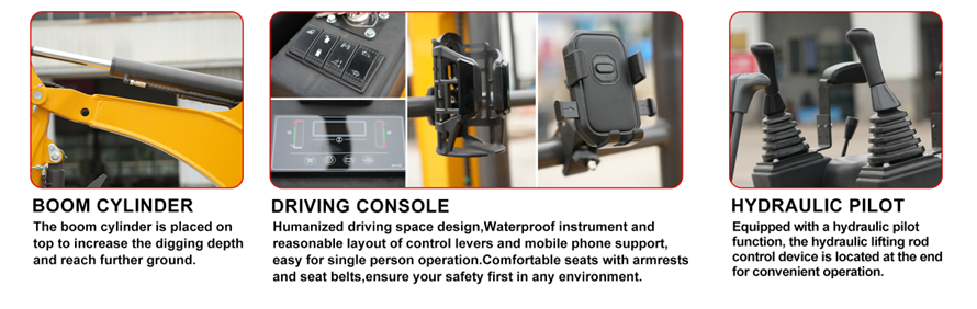Image shows three sections: The first section features a yellow boom cylinder on a construction or industrial vehicle. The second section highlights a driving console with control levers, buttons, and a screen, designed for humanized operation with waterproof instruments and mobile phone support. The third section displays hydraulic pilot controls with levers for lifting and controlling the machine.