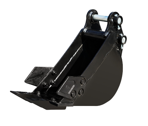 Close-up of a black excavator bucket attachment.
