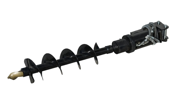 A mechanical earth auger drill with a black spiral blade and motorized handle.