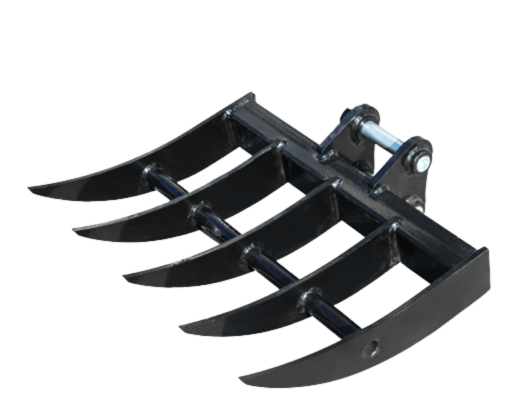Black excavator bucket attachment with four curved teeth.