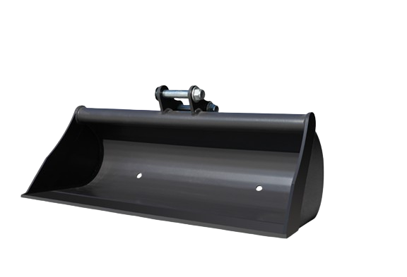 A black bulldozer bucket attachment with metal hinges on a black background.