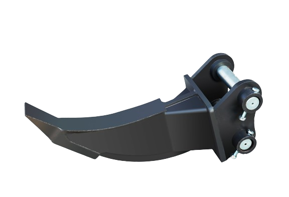 A black excavator bucket attachment with hydraulic cylinders and mounting points for construction equipment.