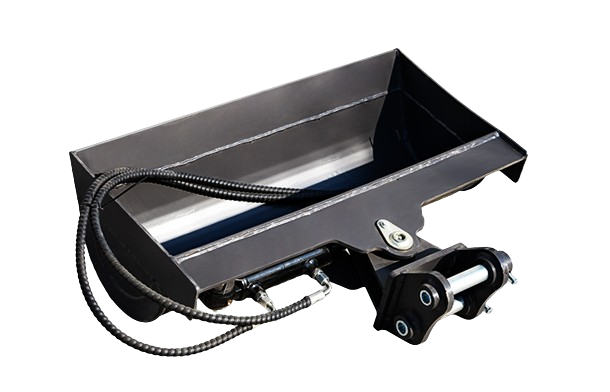 A black metal tray with hydraulic hoses and a hydraulic cylinder attached, possibly a component of industrial machinery or equipment.