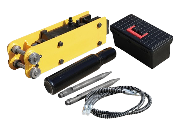 Collection of mechanical and electronic tools, including a yellow metal component with rollers, a black cylindrical object, two metallic rods, a flexible hose with connectors, and a black box with a red handle.