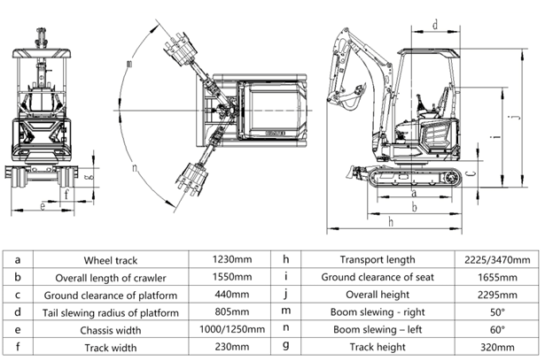 Technical schematic of a mini excavator including front and side views with labeled dimensions and specifications such as wheel track, overall length, ground clearance, transport length, overall height, and track height.
