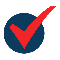 Red checkmark inside a blue circle.