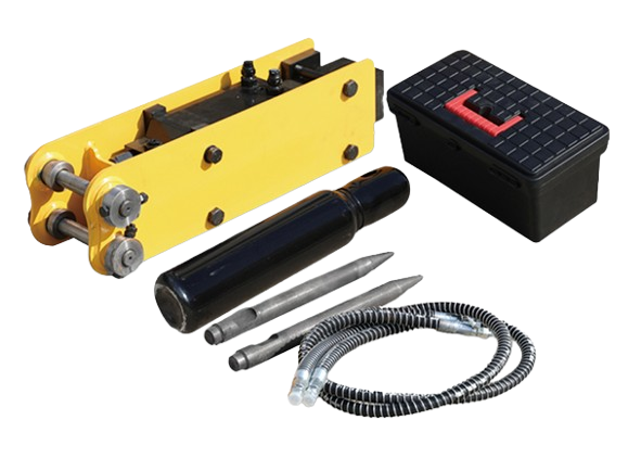 A set of specialized tools including a yellow mechanical device, a black cylindrical component, two metal objects, a black box with a red handle, and a coiled flexible hose with connectors.