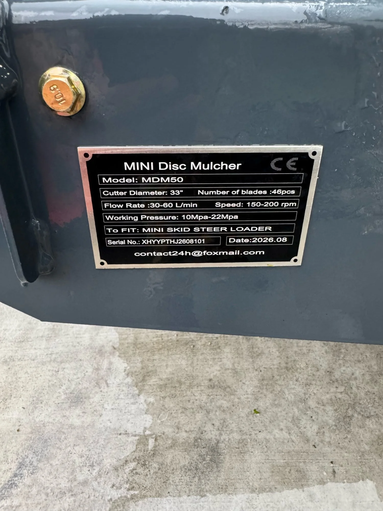 Mini skid steer disc mulcher 33 inch MDM50 manufacturer plate Altoona PA