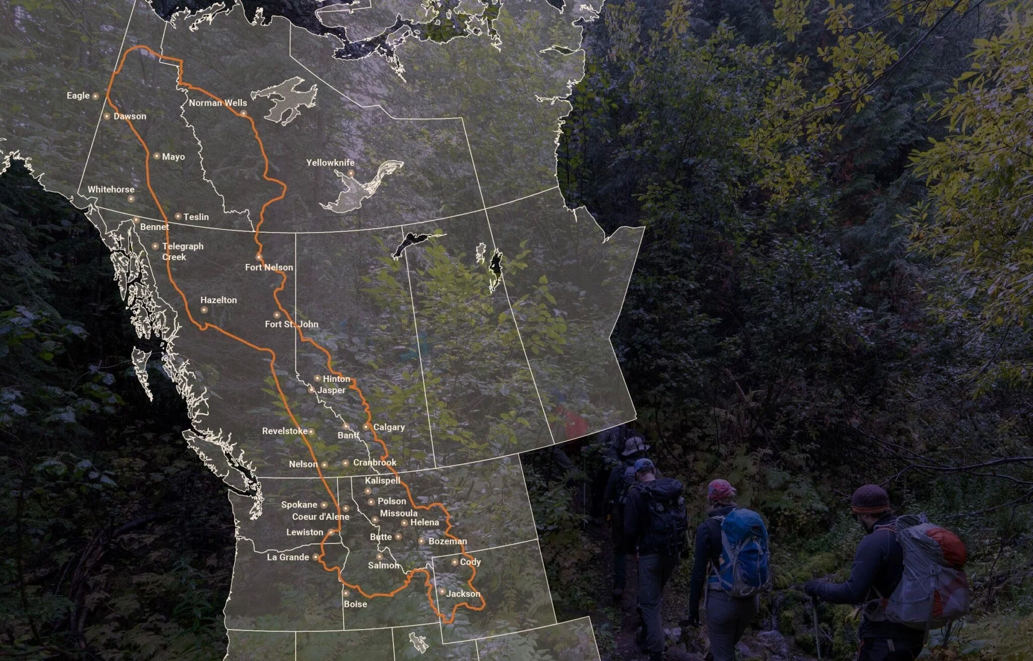 A map of the Pacific Northwest showing a hiking trail route through various cities and landmarks, overlaid on a forest scene with a group of hikers walking through dense woods.