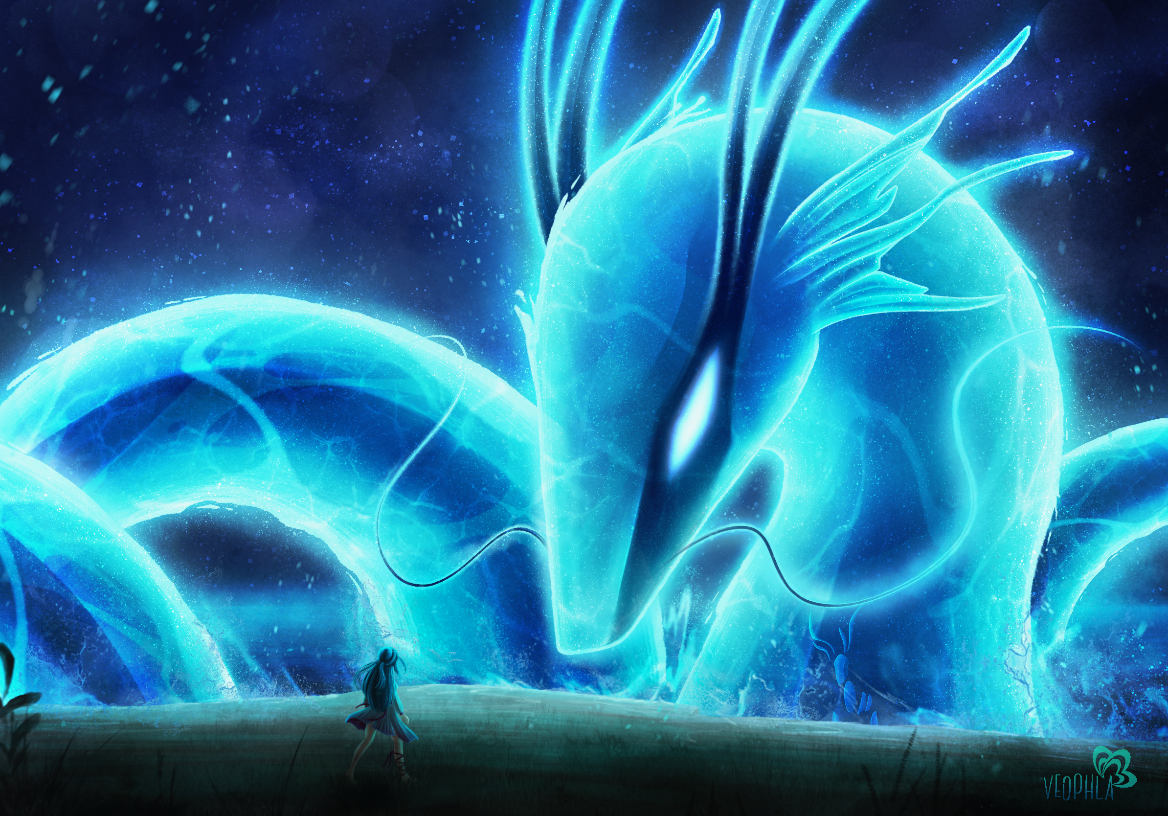 The scene features a colossal, ethereal sea creature formed from water, towering over a lone figure on a cliffside.