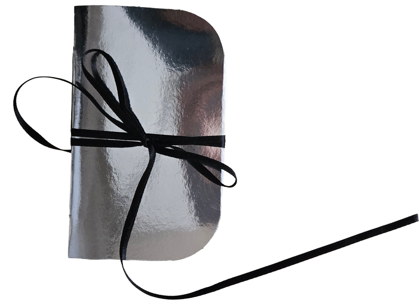 Silver gift box with a black ribbon and bow, with a black cord extending to the lower right.