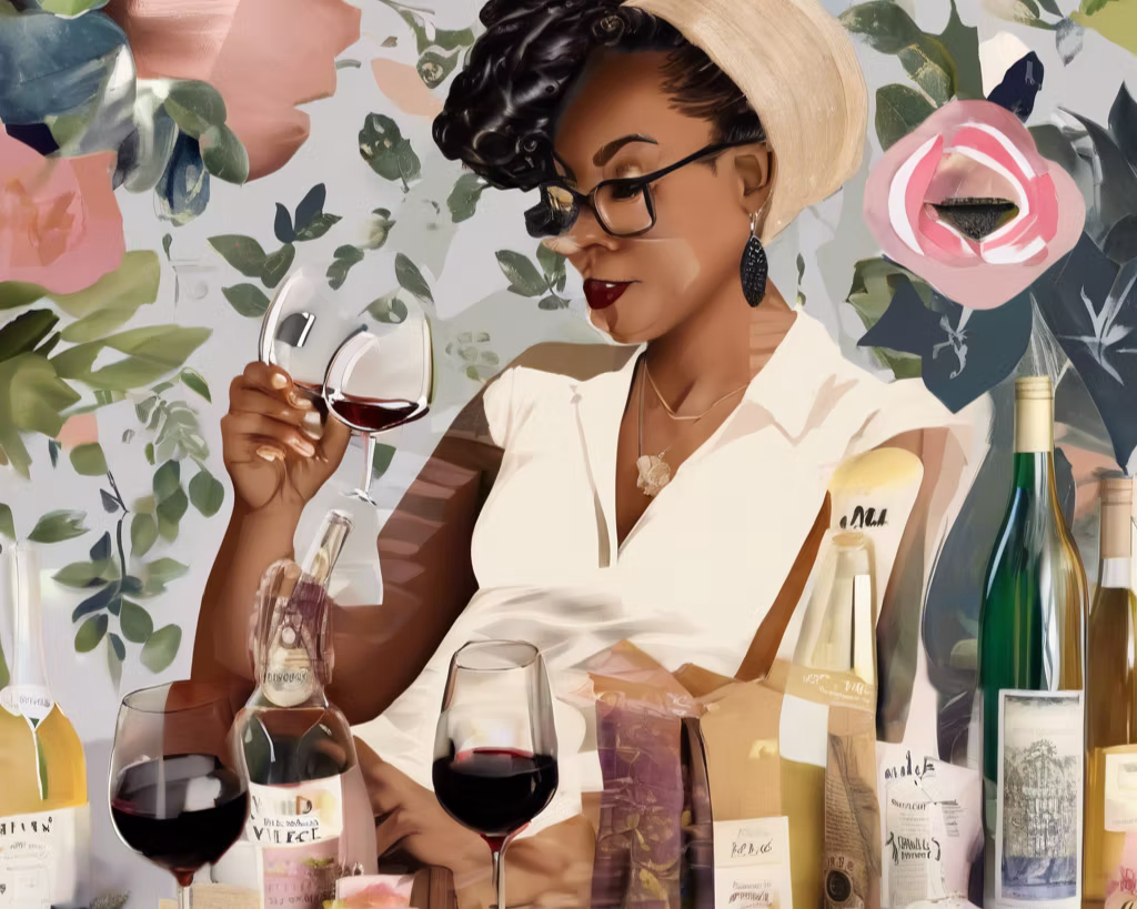 A woman with short curly hair, glasses, and dark lipstick, wearing a beige hat and white blouse, holding a glass of red wine, sitting at a table with wine bottles and glasses, surrounded by a floral background.