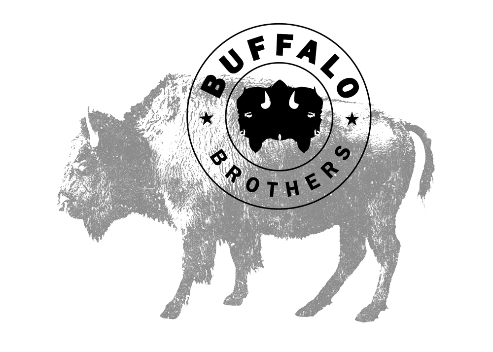 Buffalo Brothers badge over a buffalo illustration