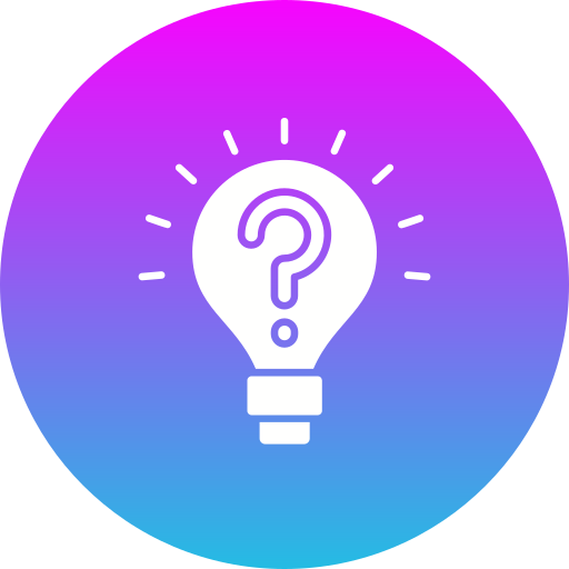 A graphic of a light bulb with a question mark inside, set against a gradient background from pink to blue with digital pixel patterns.