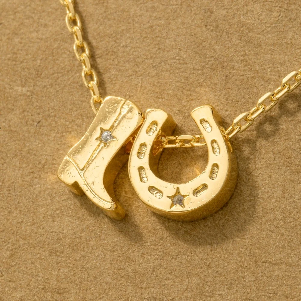 Gold Dipped Cowboy Boots Horse Shoe Charm Necklace_2.webp