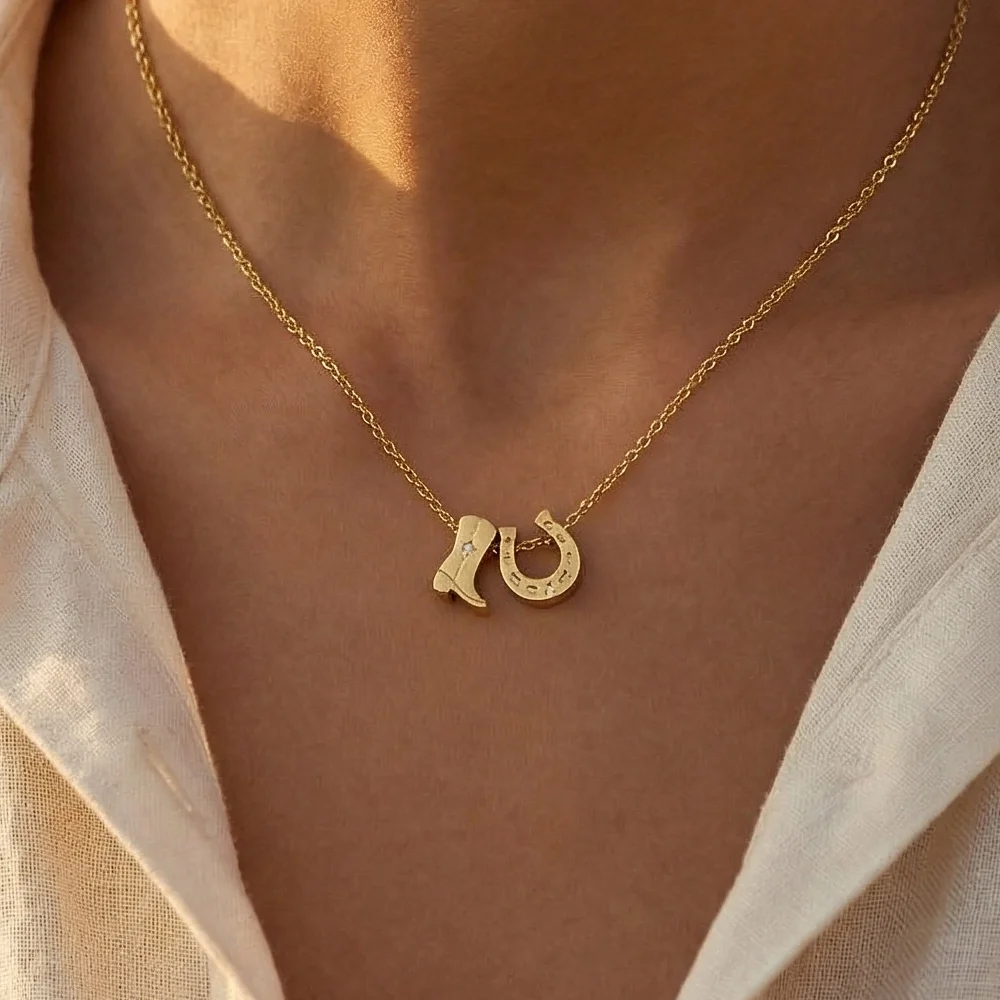 Gold Dipped Cowboy Boots Horse Shoe Charm Necklace_Neckline.webp
