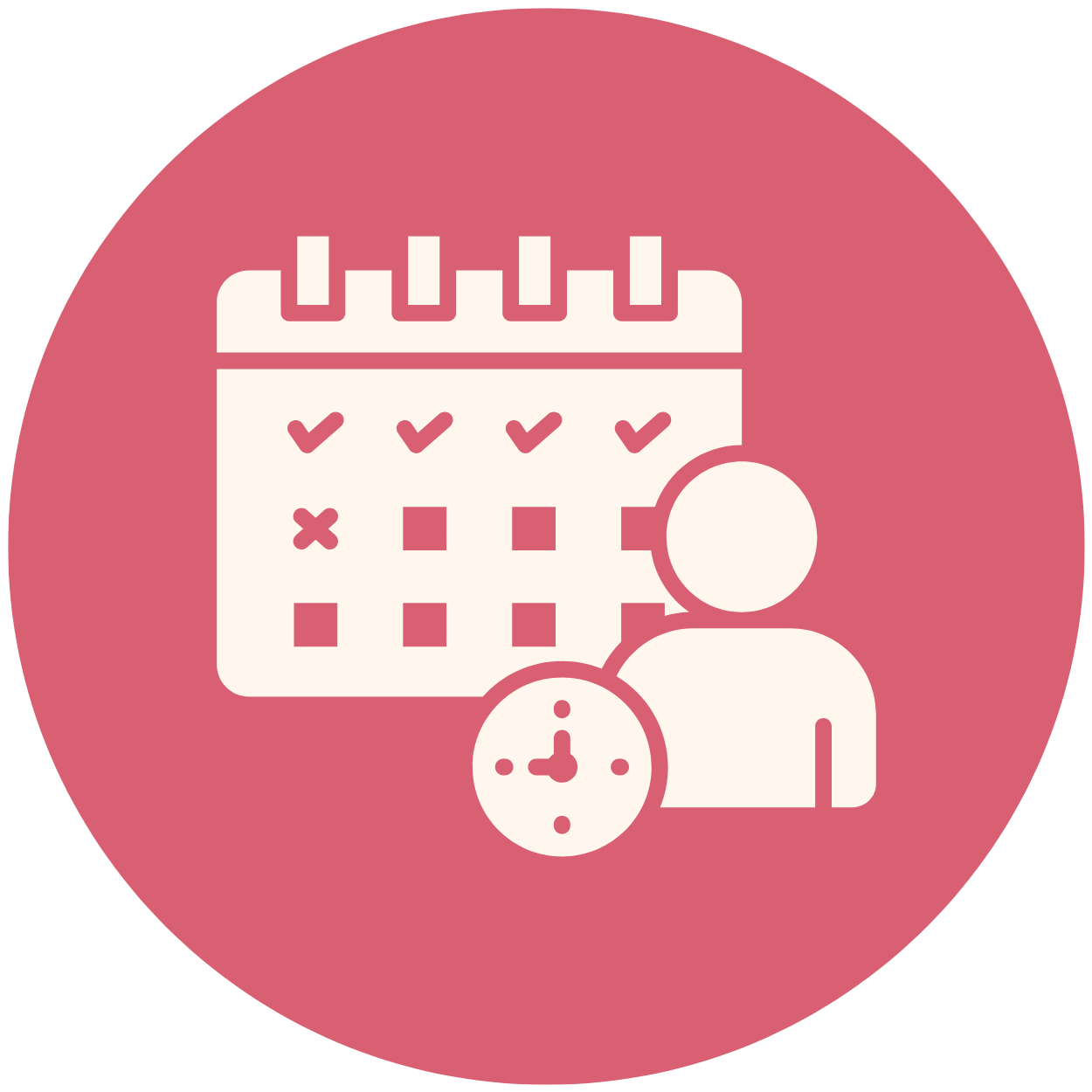 Icon of a calendar with marked dates, a person, and a clock, indicating scheduling or appointment management.