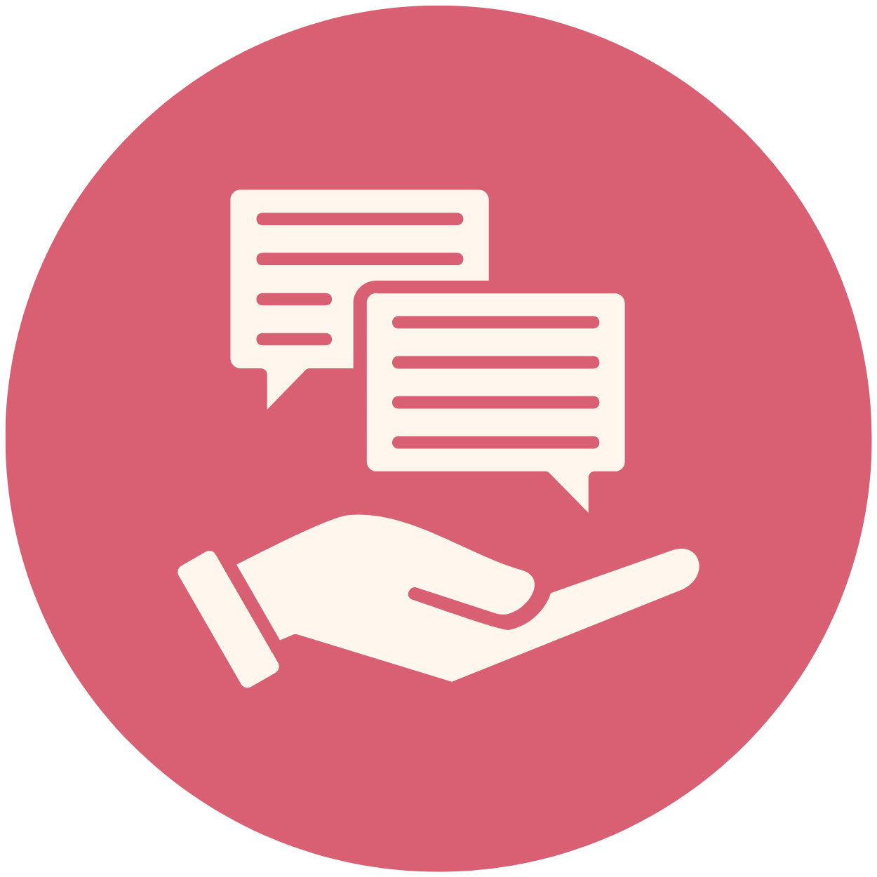 Icon of a hand holding two speech bubbles with lines of text, representing communication or conversation.