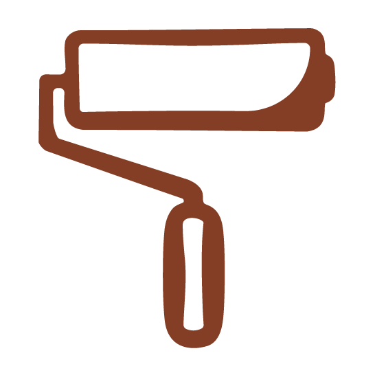 Line drawing of a paint roller with a brown handle and roller frame.