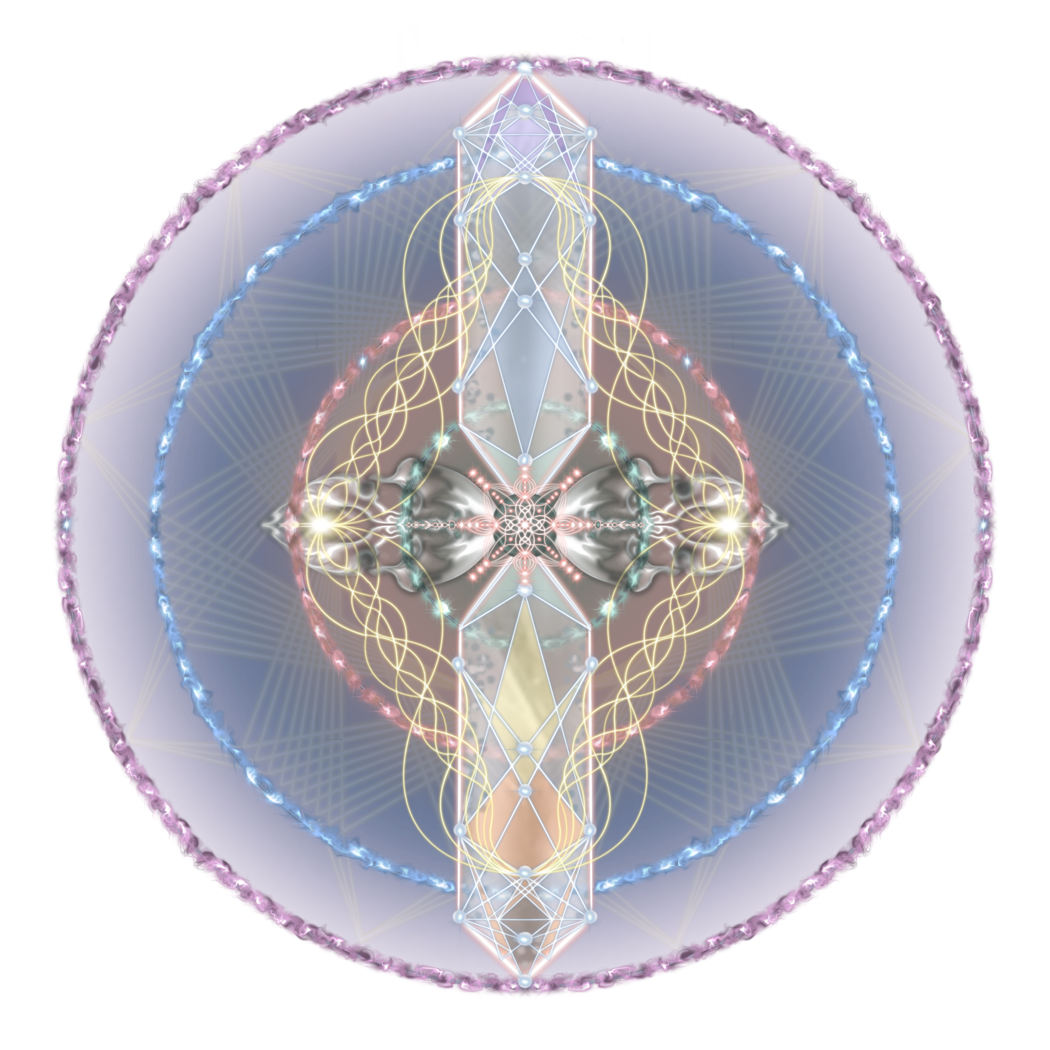 Digital artwork depicting interconnected geometric shapes and glowing lines in a symmetrical pattern, resembling a futuristic or spiritual mandala with vibrant pink, blue, and yellow accents.