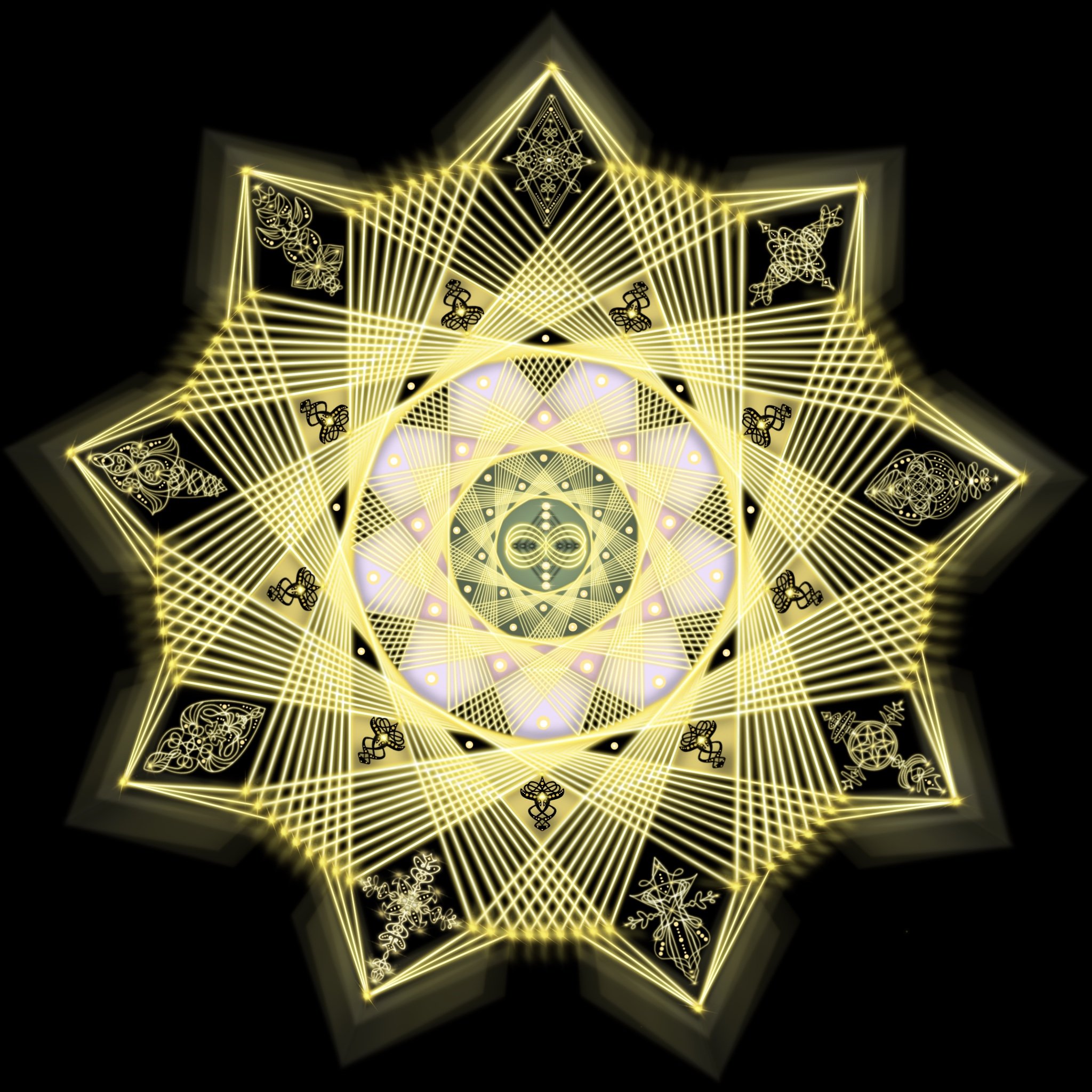 Golden sacred geometric vision wheel representing the 9th Harmonic within the Portal of Nine, expressing unity consciousness, Source remembrance and the harmonic architecture of multidimensional creation.