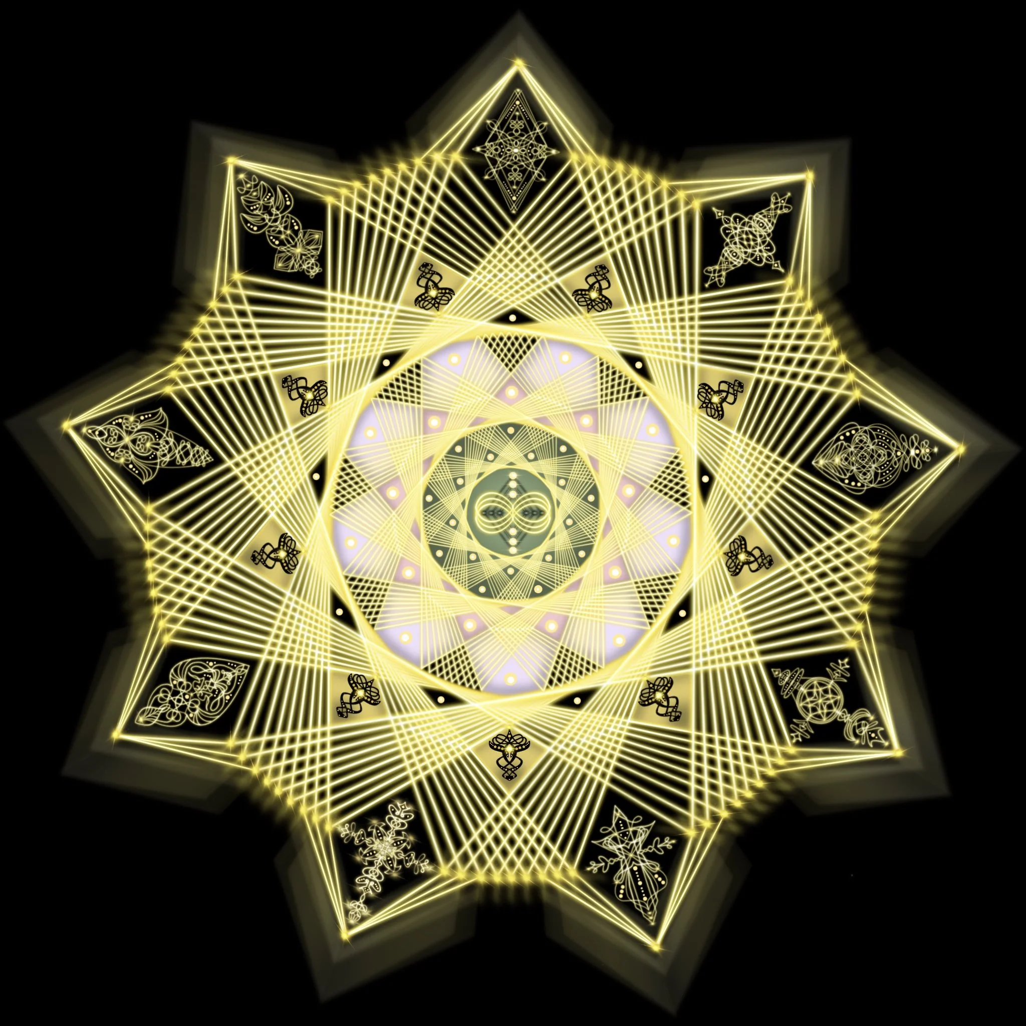 Golden sacred geometric vision wheel representing the 9th Harmonic within the Portal of Nine, expressing unity consciousness, Source remembrance and the harmonic architecture of multidimensional creation.